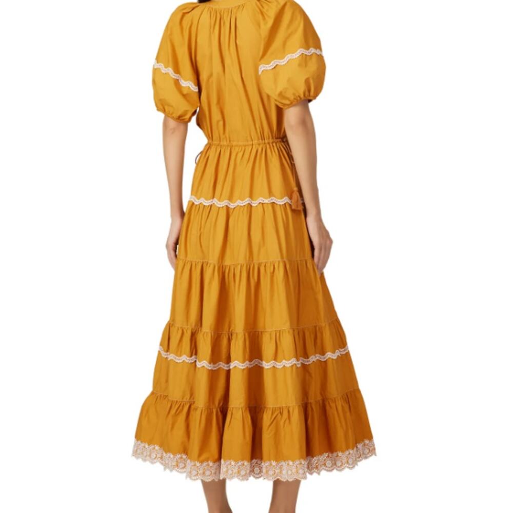 Ulla Johnson Claribel Ochre Yellow Gold Tiered Eyelet Accent Tassel Dress Sz. 6 - Picture 3 of 10